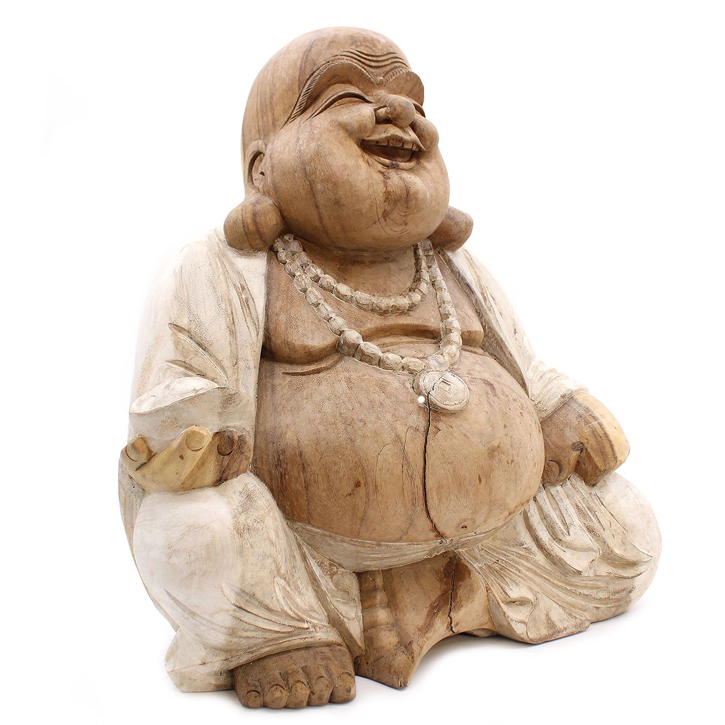 Handgeschnitzte Buddha Statue 'Glücksbringer' - 50 cm aus Suar-Holz mit Whitewash-Optik
