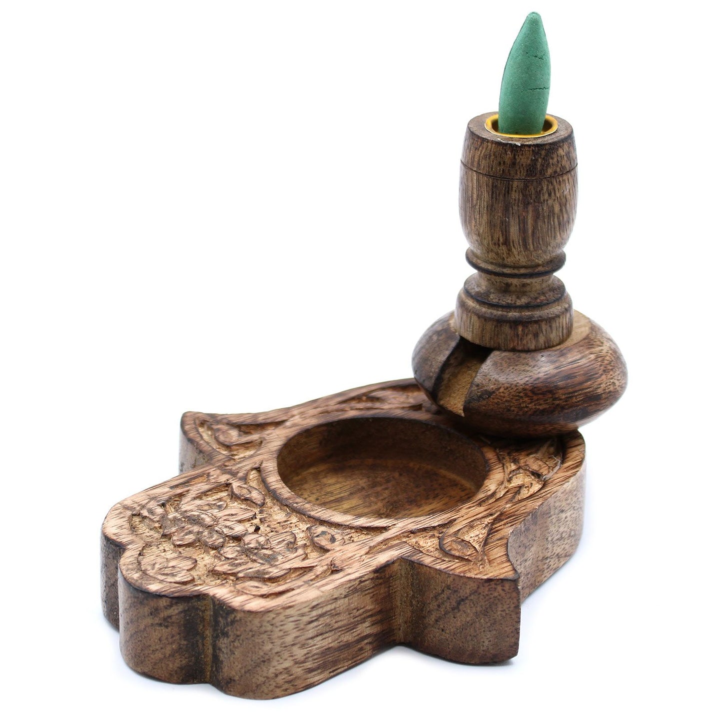 Räuchergefäß Hamsa aus Mangoholz mit Rauchkaskade
