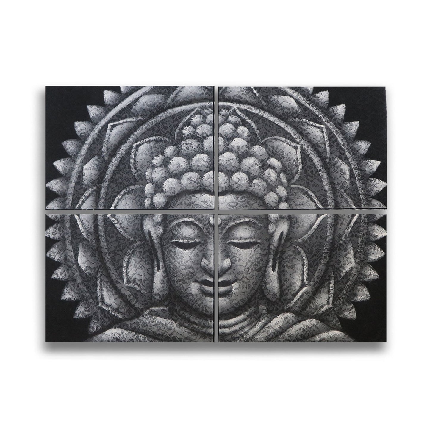 Set mit 4 Buddha-Mandalas in Grau – Handbemalt auf Leinwand mit Brokat-Akzenten