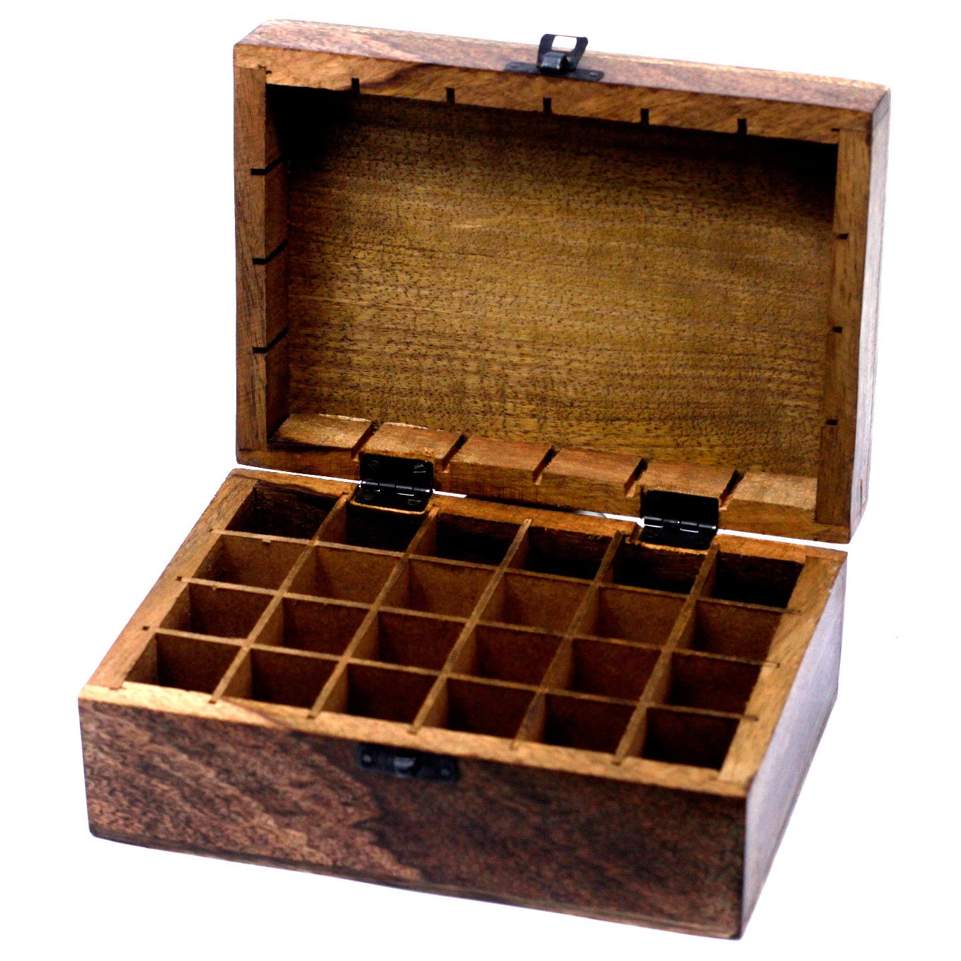 Handgeschnitzte Aromatherapie-Box aus Mangoholz für 24 Fläschchen