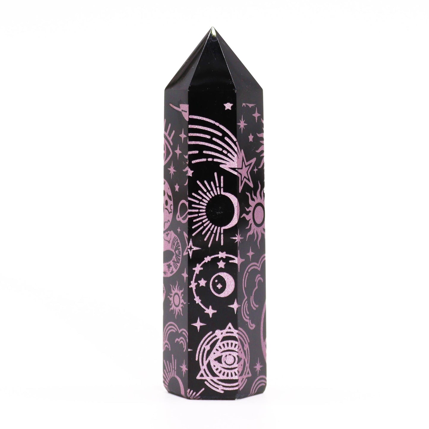 Obsidian Obelisk 'Mystic Story' in Rosa - Gravur mit Himmelssymbolen