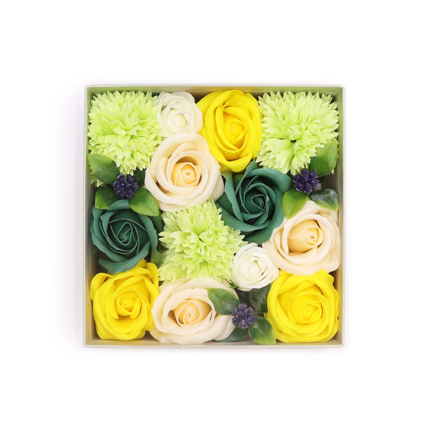 Geschenkbox 'Frühlingsgrüße' mit Seifenblumen in Gelb und Grün