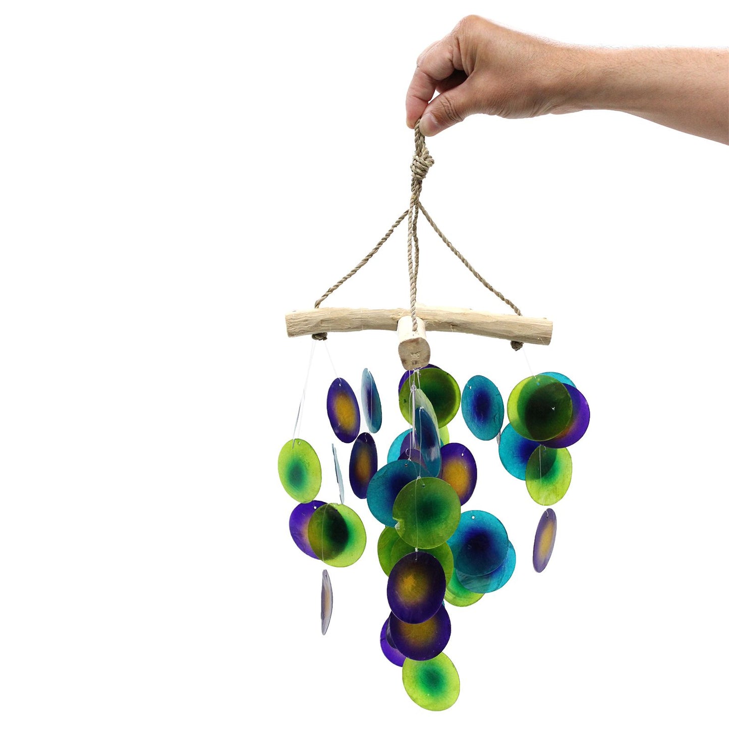 Windspiel aus blauem Treibholz mit Capiz-Glas – Handgefertigter Klangteppich