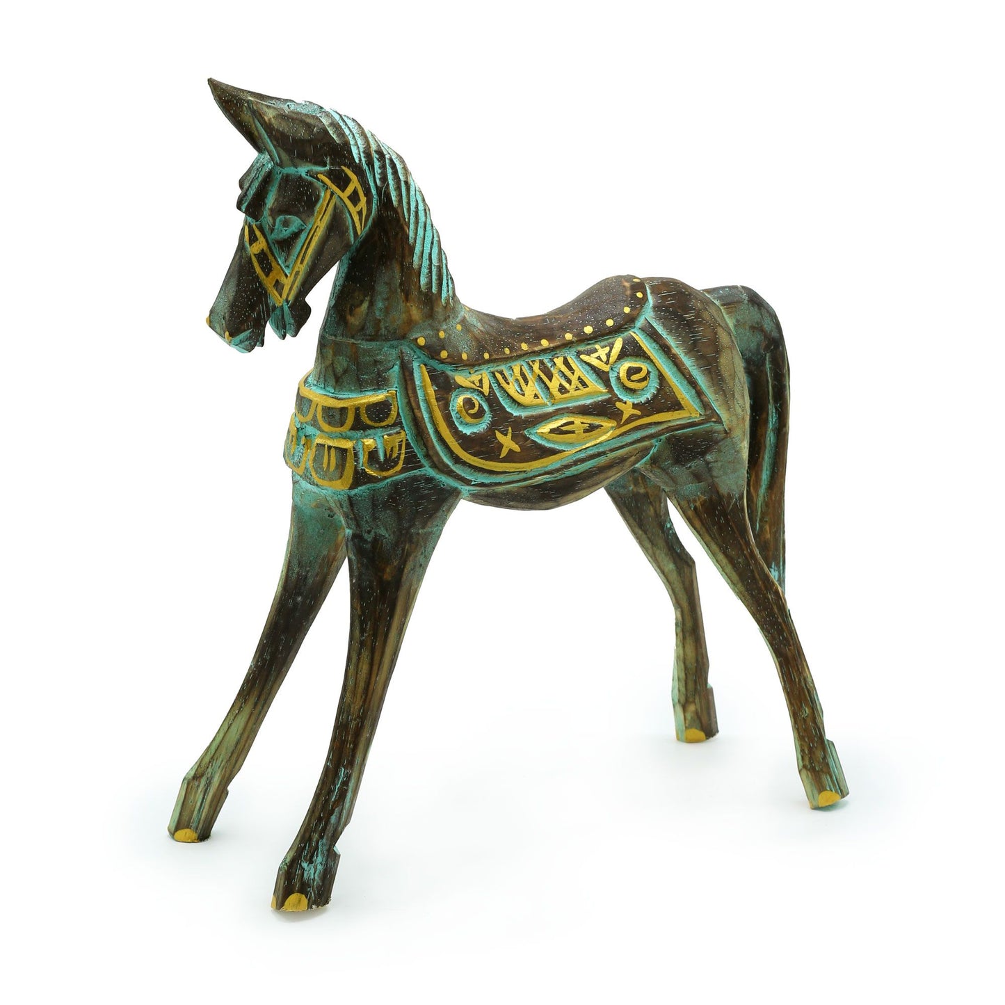 Majestätische Pferdefigur mit Gold & Türkis – Handgeschnitzt aus Albesia-Holz, 32 cm