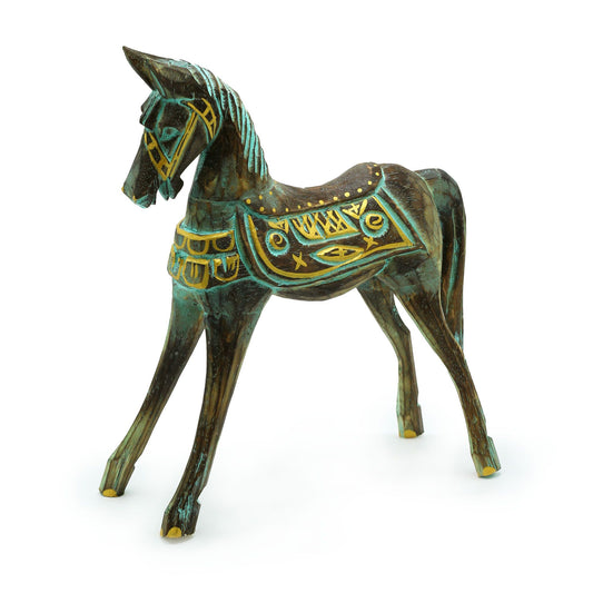 Majestätische Pferdefigur mit Gold & Türkis – Handgeschnitzt aus Albesia-Holz, 32 cm