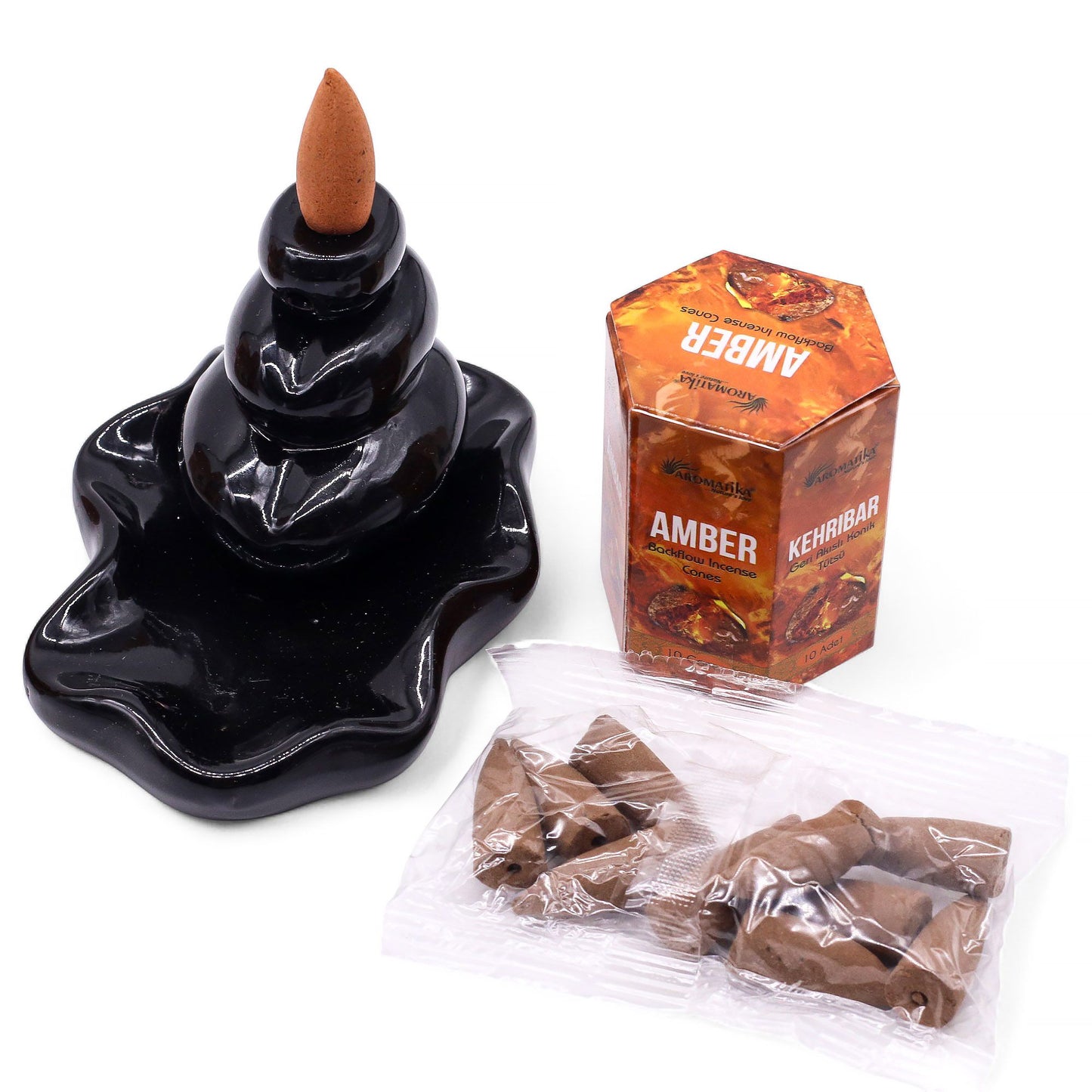Masala Rückfluss-Räucherkegel Amber - 10 Stück mit hypnotischem Rauchwasserfall