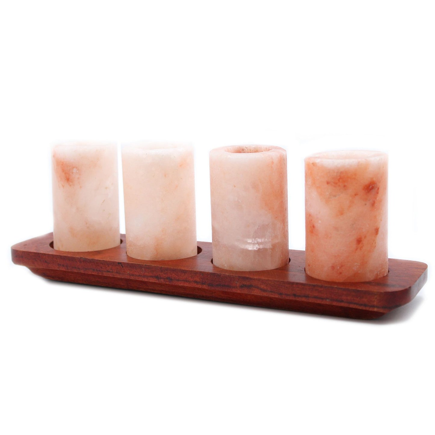 Set mit 4 Shotgläsern aus Himalaya-Salz & Servierbrett aus Holz