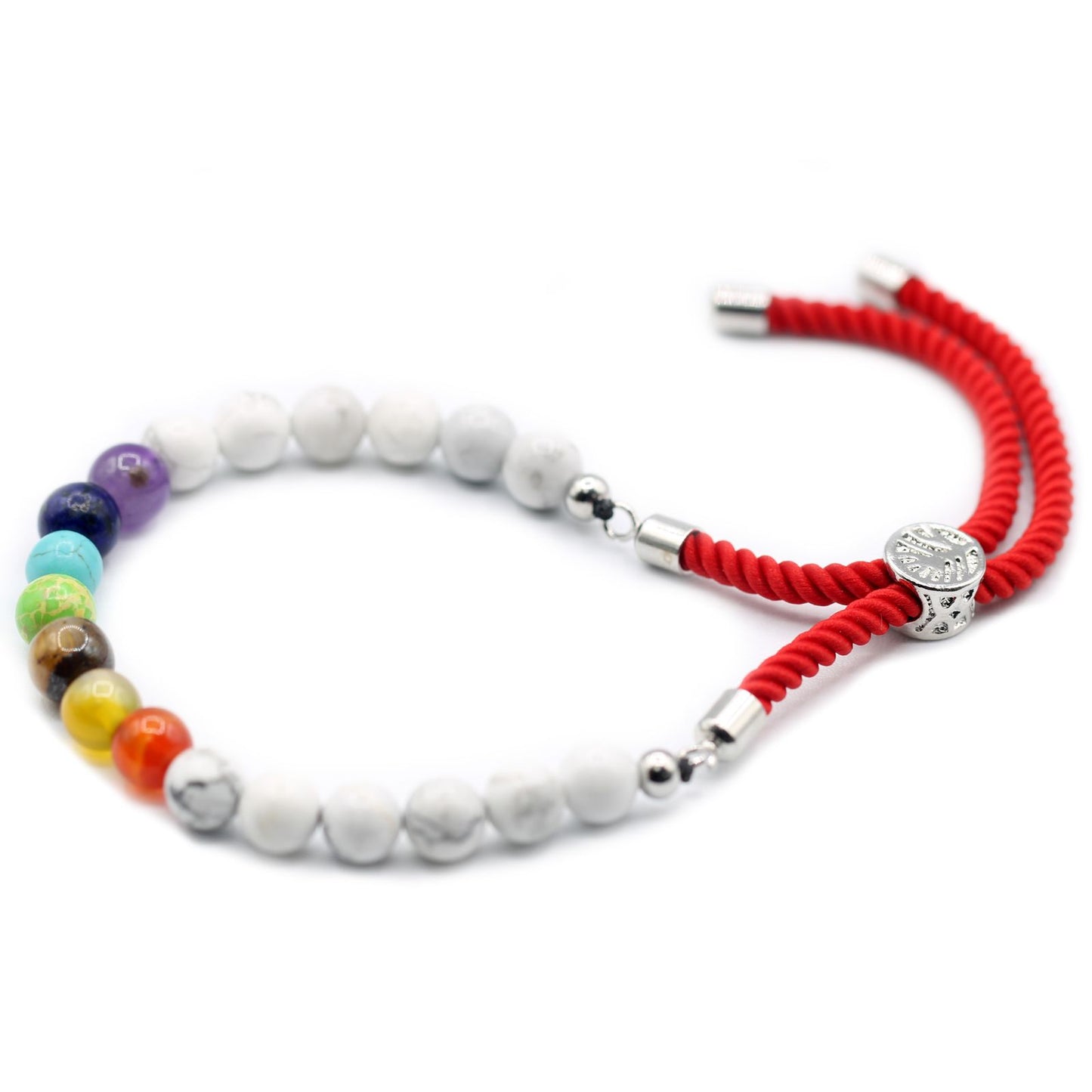 Chakra-Armband aus weißem Howlit mit königsroter Schnur und Silberverschluss