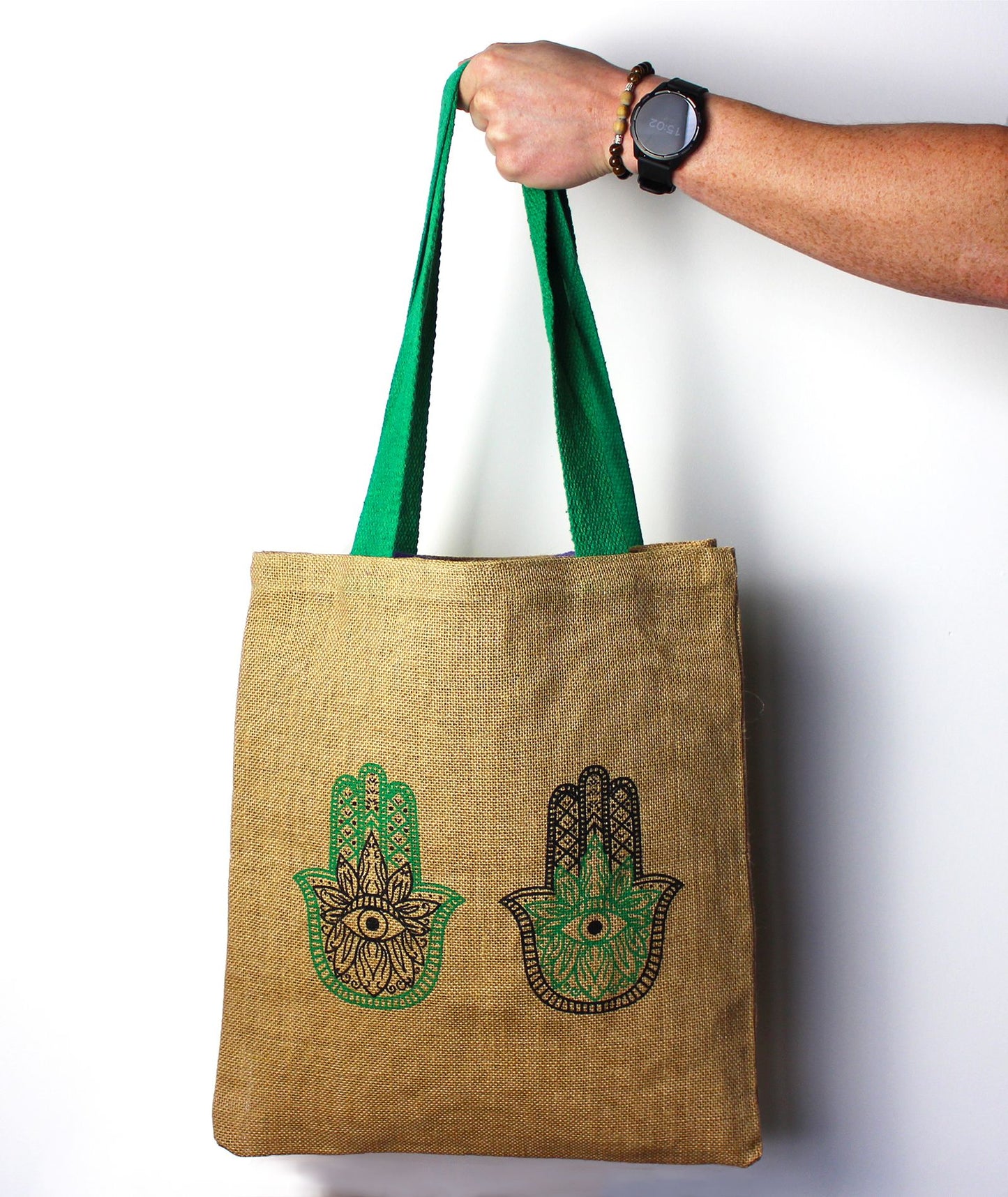 Große Jute-Tragetasche mit mystischem Hamsa-Motiv