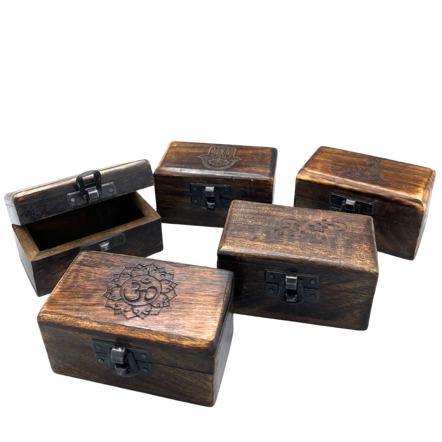 Set mit 5 handgeschnitzten Pillendosen aus Mangoholz - Buddha, Blume, Ohm, Hamsa, Weinrebe
