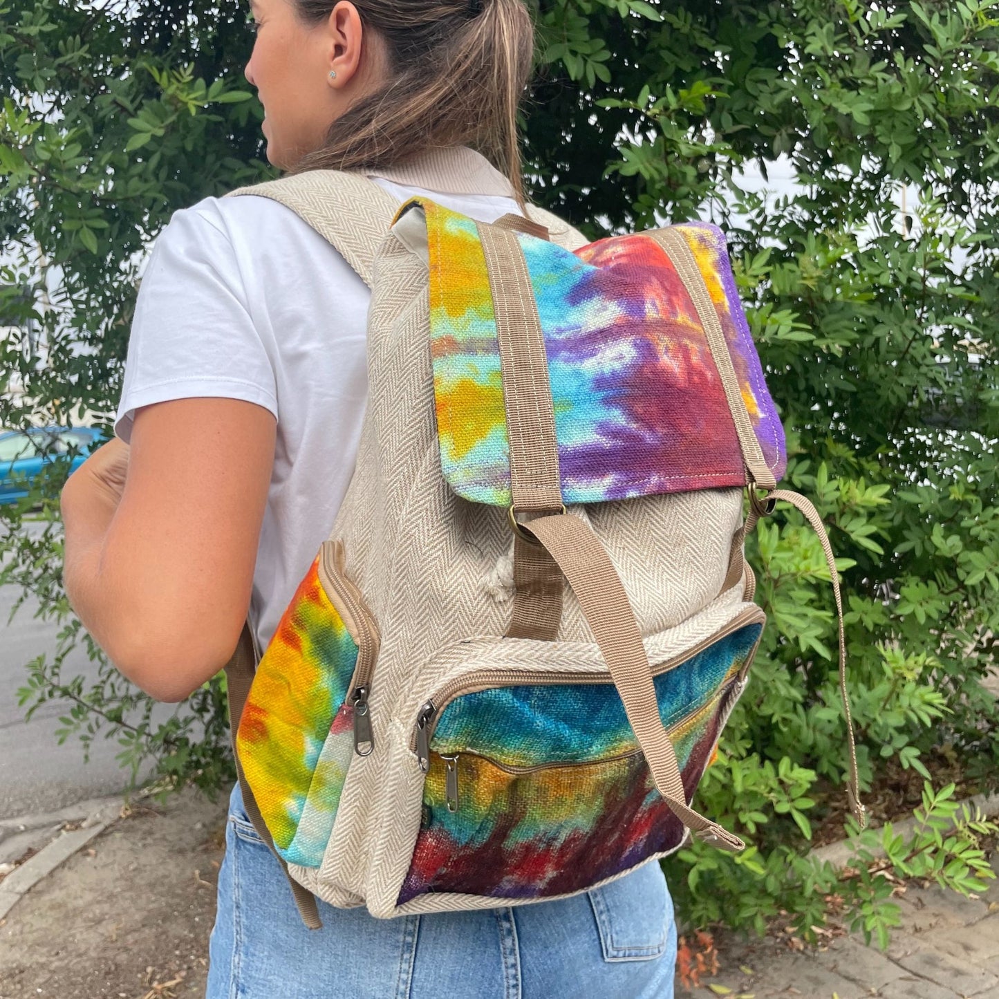 Großer Quadrat-Rucksack in Tie-Dye Optik - Hanf-Baumwolle-Mischung aus Nepal