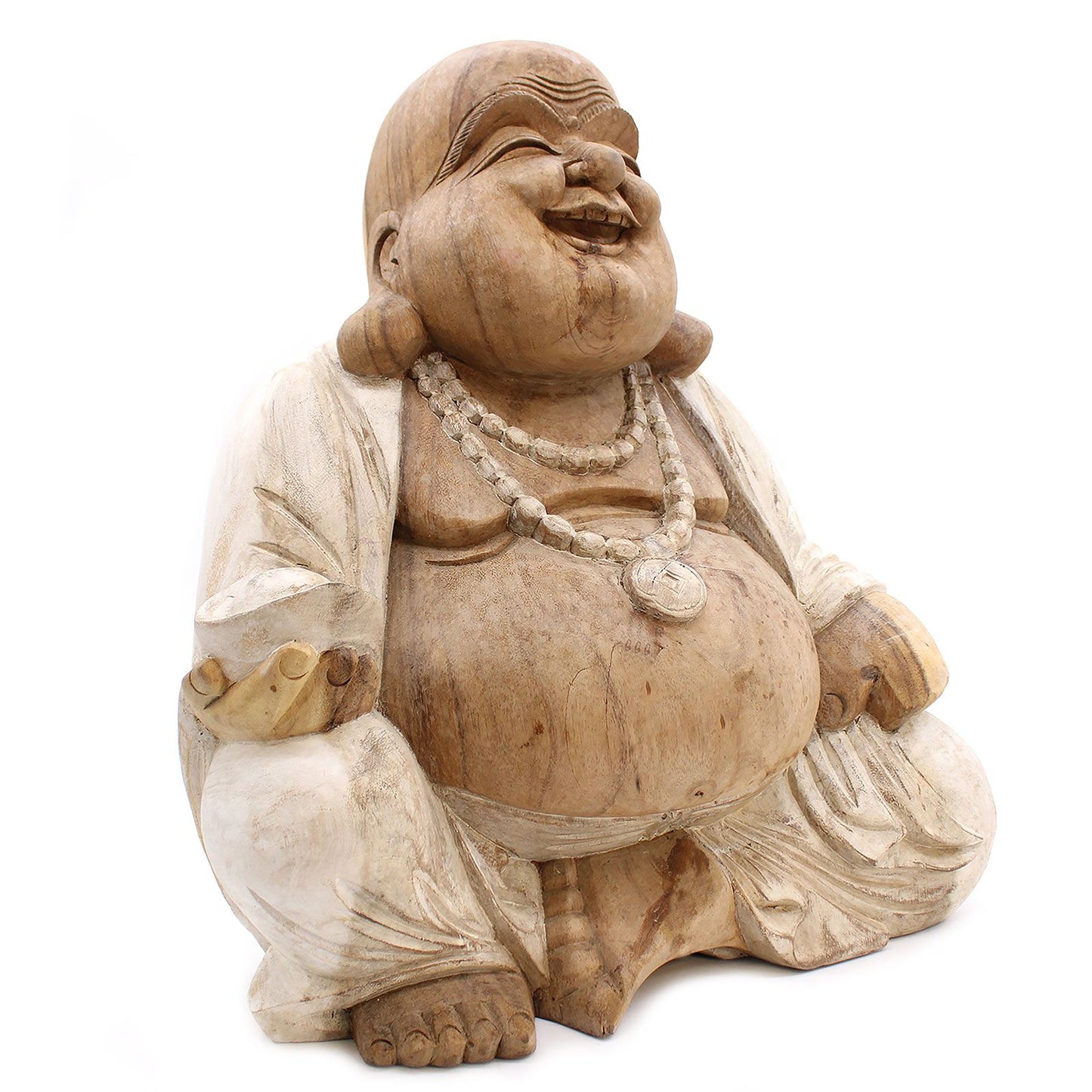 Handgeschnitzte Buddha Statue 'Glücksbringer' - 50 cm aus Suar-Holz mit Whitewash-Optik