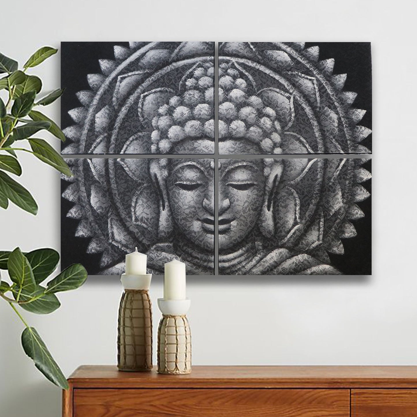 Set mit 4 Buddha-Mandalas in Grau – Handbemalt auf Leinwand mit Brokat-Akzenten