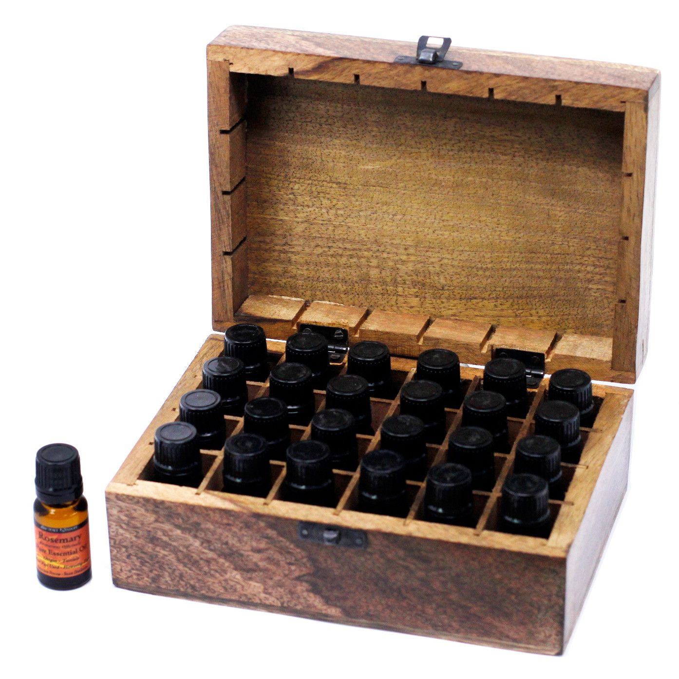 Handgeschnitzte Aromatherapie-Box aus Mangoholz für 24 Fläschchen