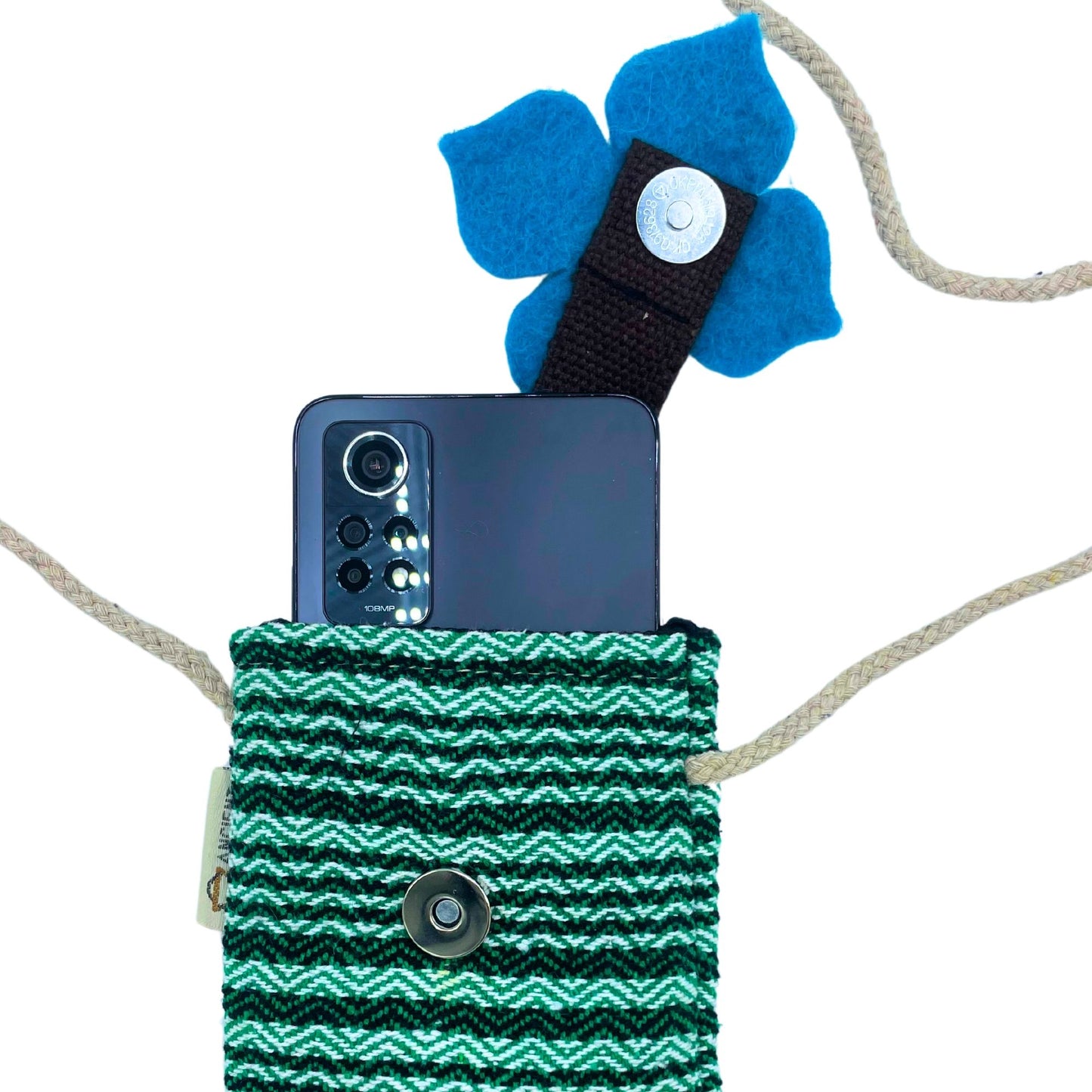 Handytasche mit grünem Streifendesign und Blumenapplikation aus Baumwolle