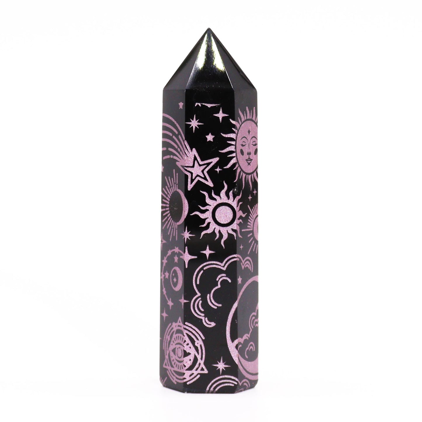 Obsidian Obelisk 'Mystic Story' in Rosa - Gravur mit Himmelssymbolen