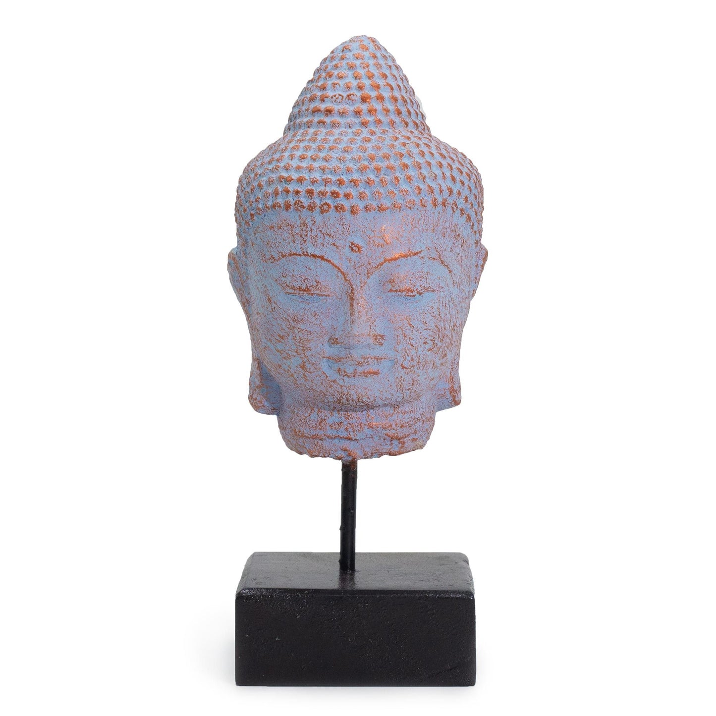 Buddha-Kopf Skulptur auf Holzpodest - Handgefertigt in Blau-Kupfer Beton
