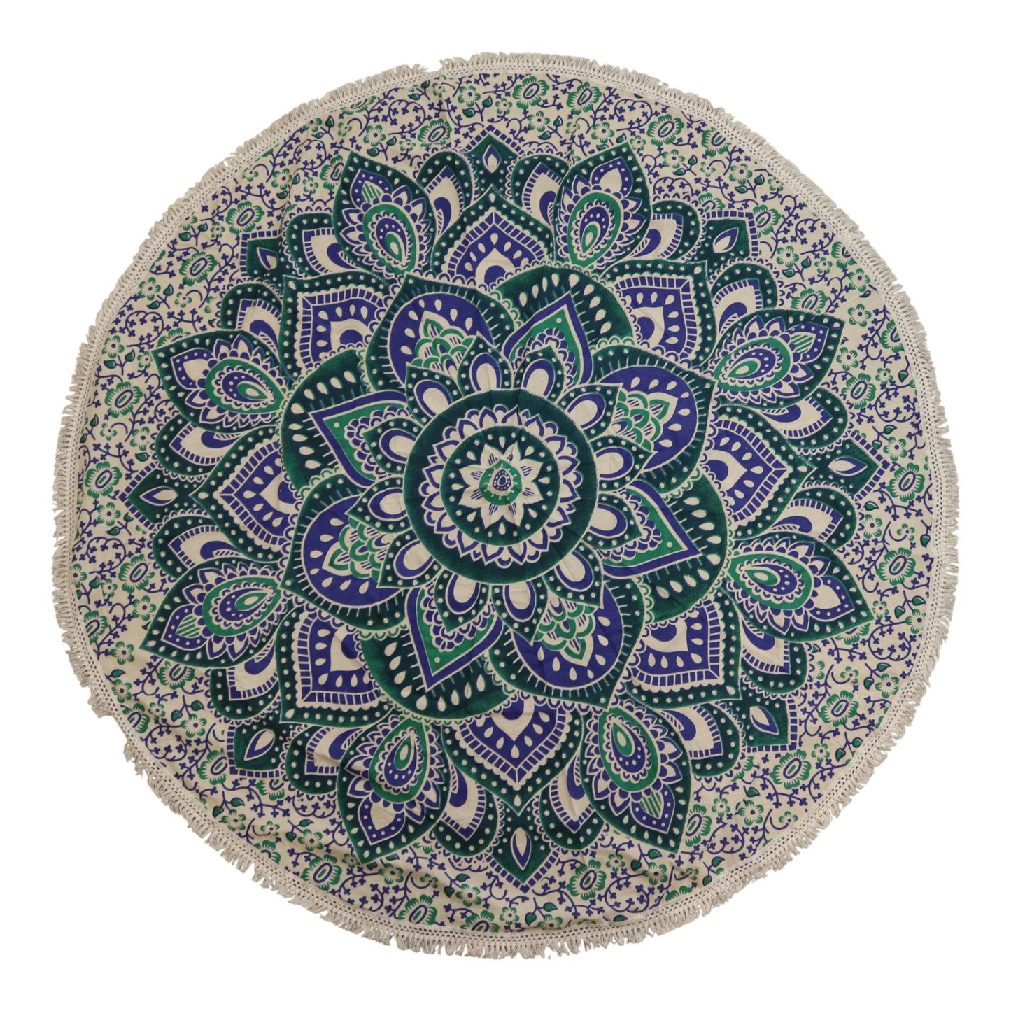 Großes Mandala Rundbild in Türkis und Blau – Handwerkliche Baumwollkunst (130 cm)