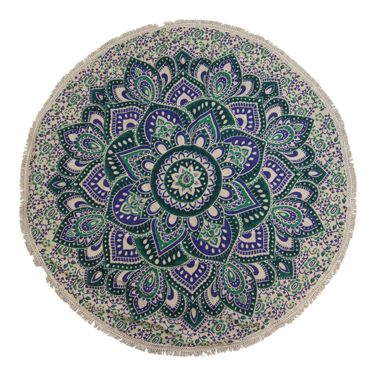 Großes Mandala Rundbild in Türkis und Blau – Handwerkliche Baumwollkunst (130 cm)