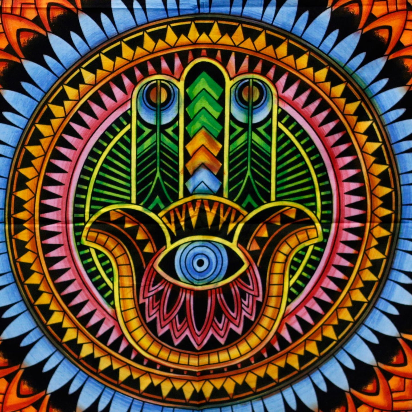 Handbemalter Baumwoll-Wandbehang mit Hamsa-Motiv