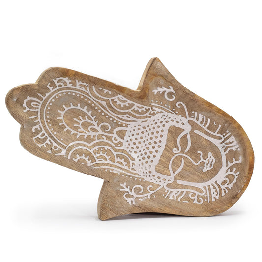 Mangoholz-Tablett 'Hamsa & Buddha' in Weißlasur - 30x20,5 cm