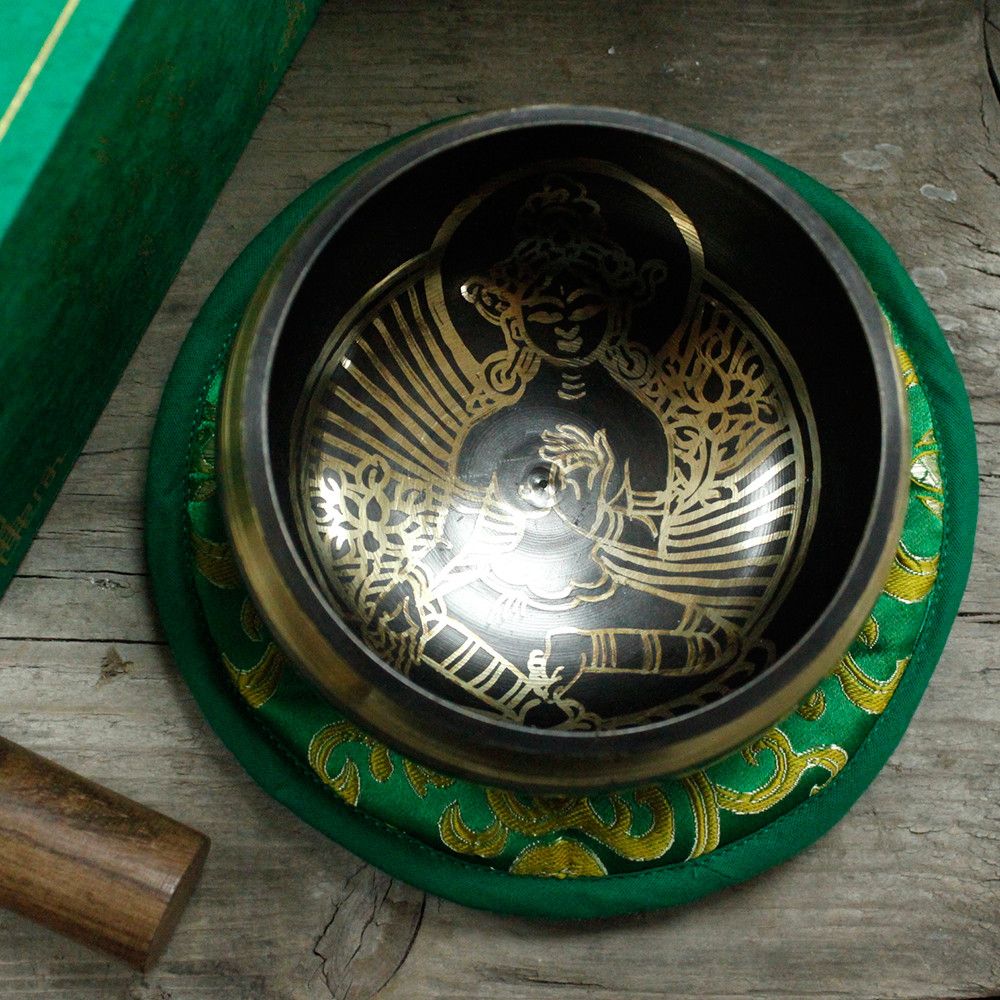 Klangschalen-Set 'Grüne Tara' – Handgraviertes Messing, 10 cm