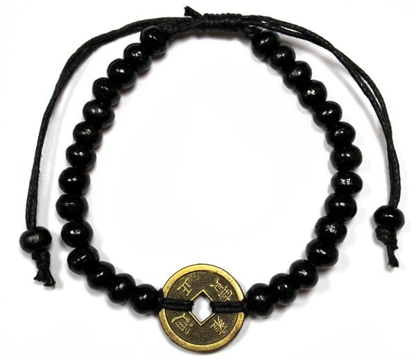 Feng-Shui Armband aus Albizia-Holz mit Glücksmünzen in Schwarz
