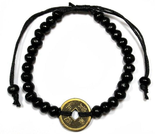 Feng-Shui Armband aus Albizia-Holz mit Glücksmünzen in Schwarz