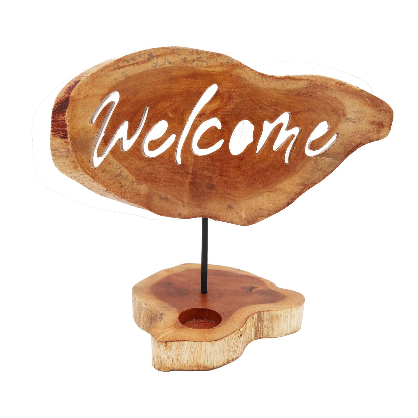 Kerzenständer 'Welcome' aus handgeschnitztem Holz mit Metallbasis