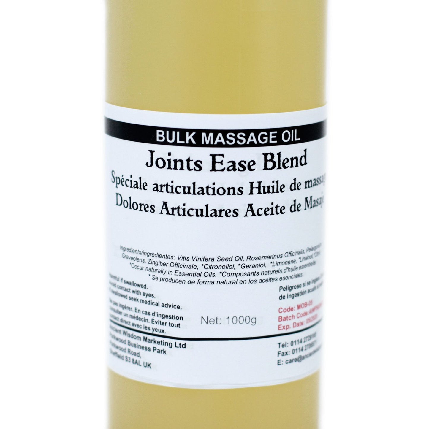 Joints Ease Premium Massageöl – 1kg mit Traubenkernöl & Kräuterextrakten