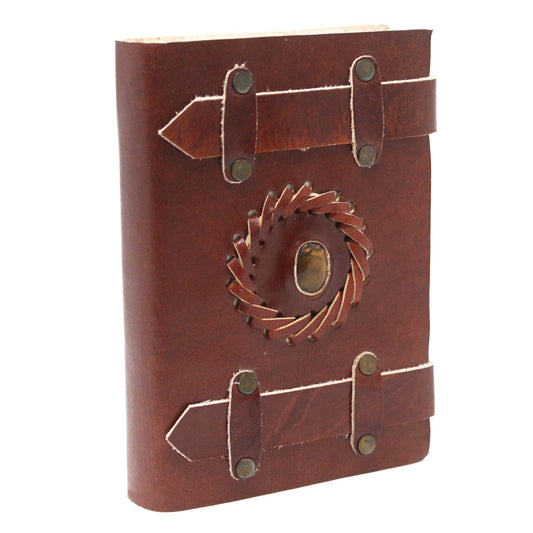 Ledernotizbuch 'Tigeraugen' mit Weltkarte – Handgefertigtes Journal 15x10 cm