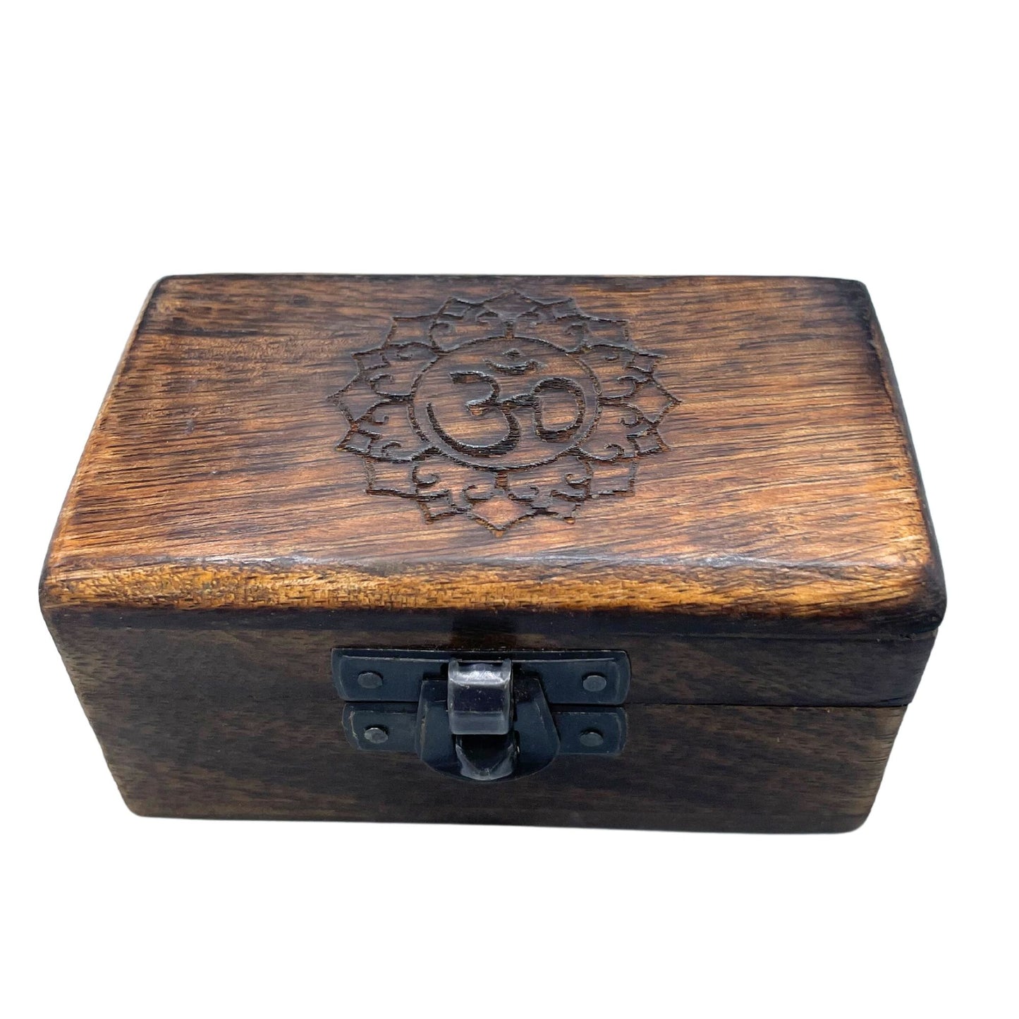 Set mit 5 handgeschnitzten Pillendosen aus Mangoholz - Buddha, Blume, Ohm, Hamsa, Weinrebe