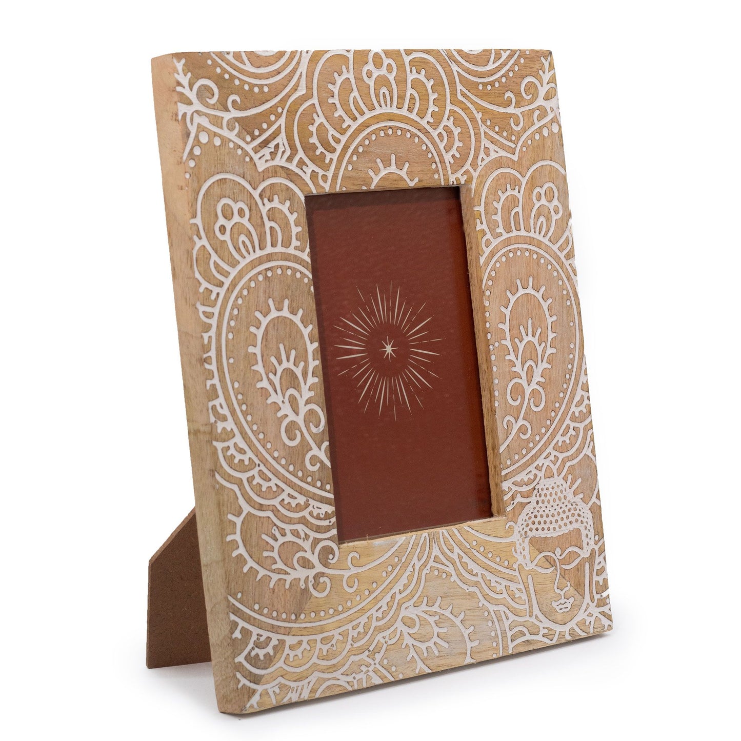 Handgeschnitzter Buddha-Rahmen aus Mangoholz | Weiß | 26x20 cm