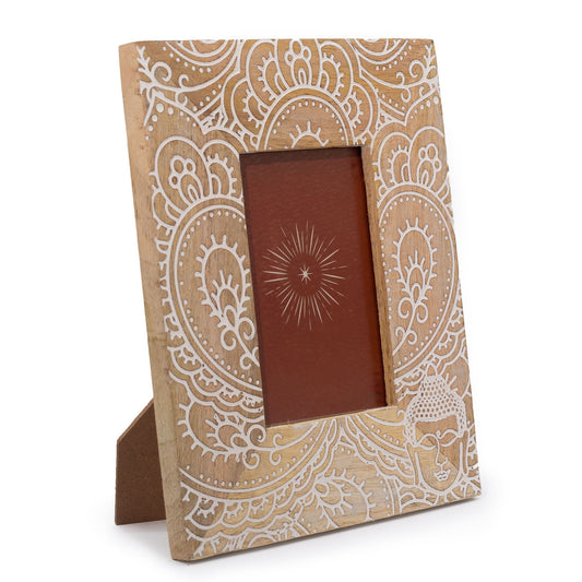 Handgeschnitzter Buddha-Rahmen aus Mangoholz | Weiß | 26x20 cm