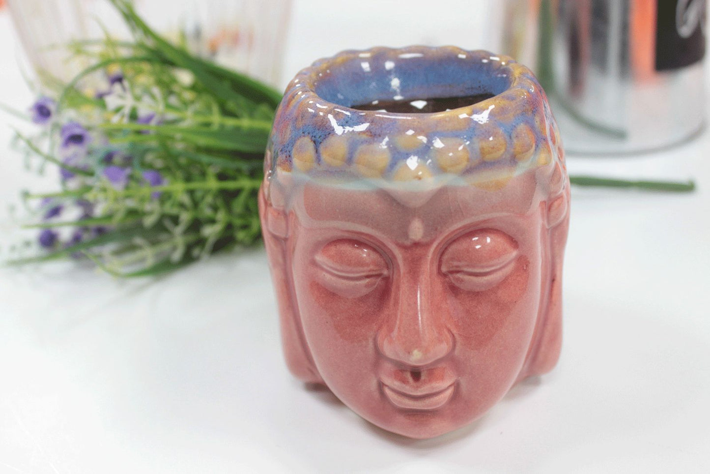 Keramik-Duftlampe Buddha - in Rosé & Petrol