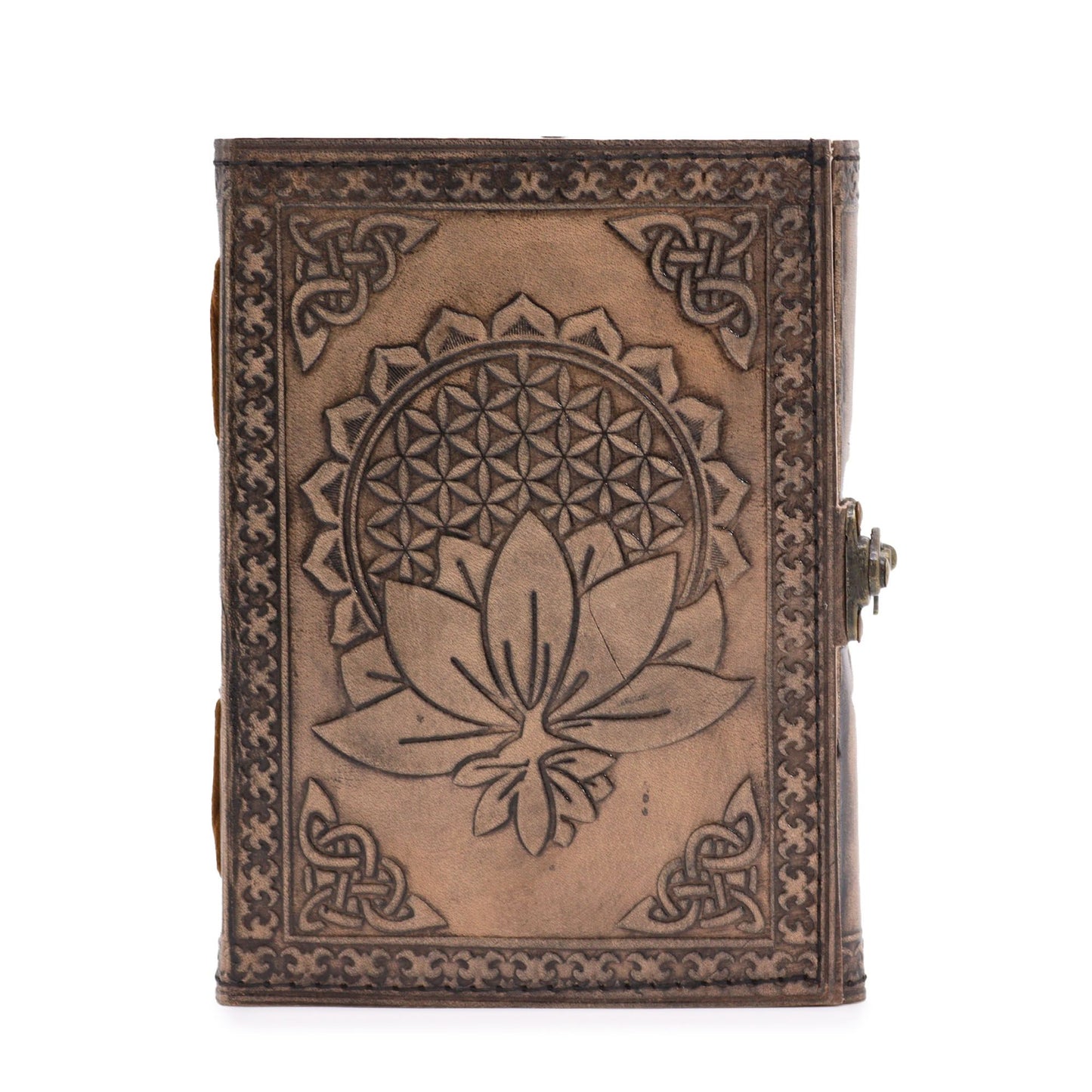 Notizbuch 'Mystisches Lotus-Mandala' in Antik-Grau - Handgefertigt aus Leder