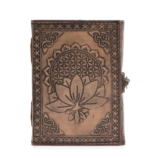 Notizbuch 'Mystisches Lotus-Mandala' in Antik-Grau - Handgefertigt aus Leder