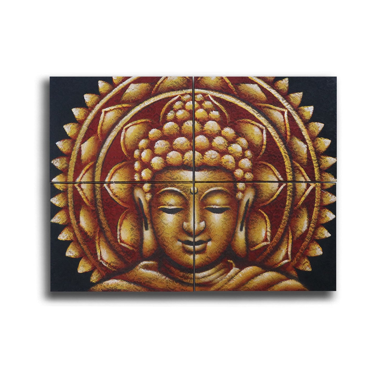Set aus 4 handgemalten Buddha Mandala Leinwandbildern mit Gold & Brokat