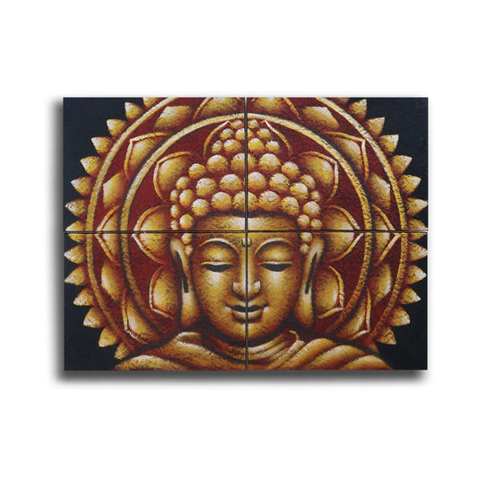 Set aus 4 handgemalten Buddha Mandala Leinwandbildern mit Gold & Brokat