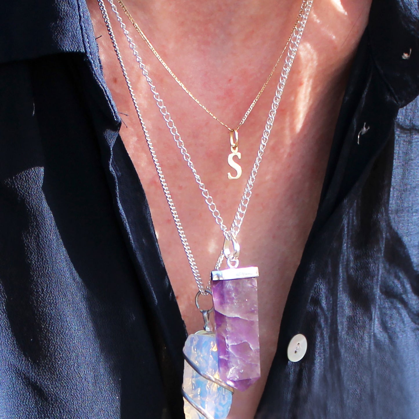 Handgefertigter Amethyst-Flachstift Anhänger mit Silberkette