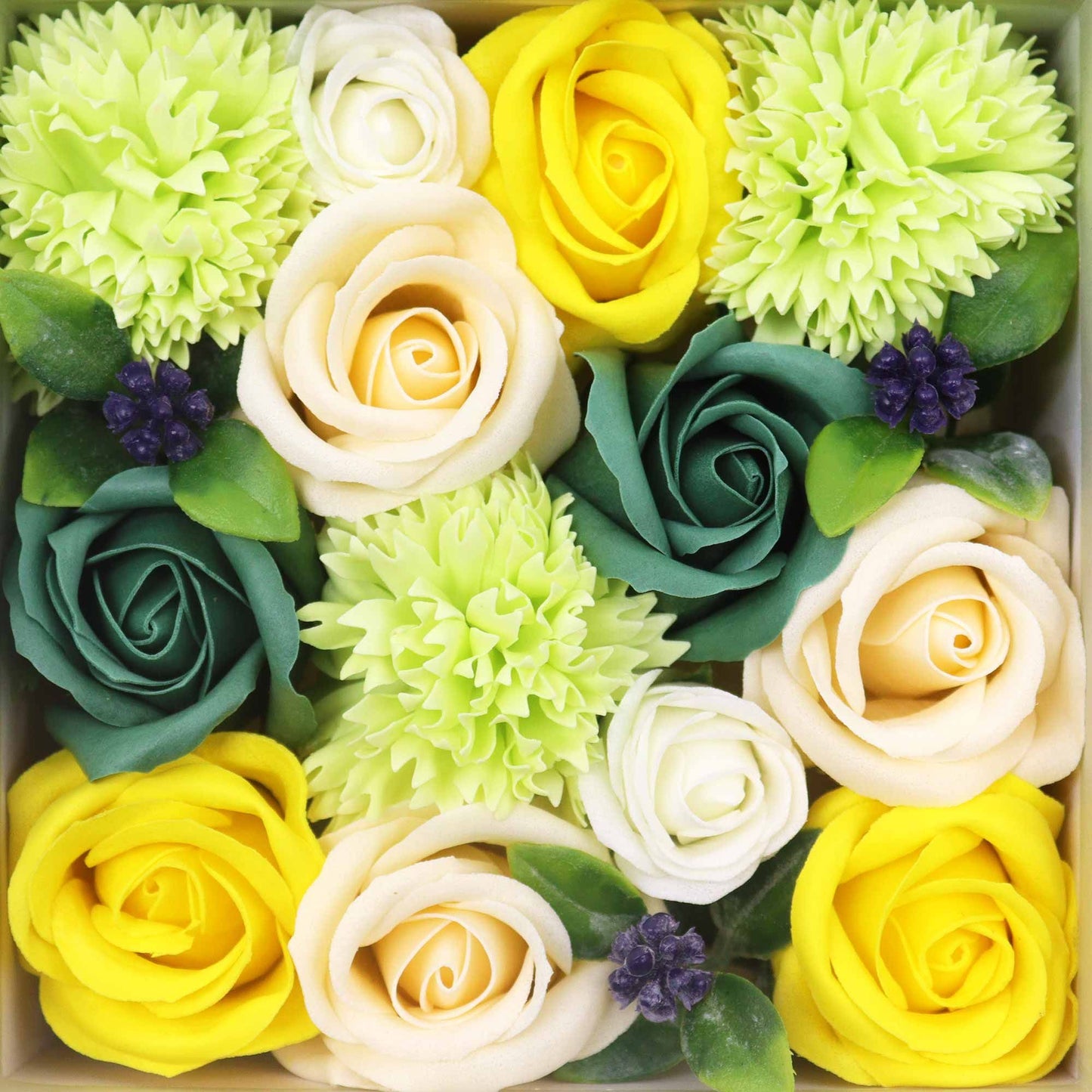 Geschenkbox 'Frühlingsgrüße' mit Seifenblumen in Gelb und Grün