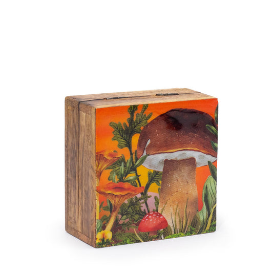 Handbemalte Mangoholz-Box mit Pilzmotiv – 10x10x4,2 cm in Kastanienbraun