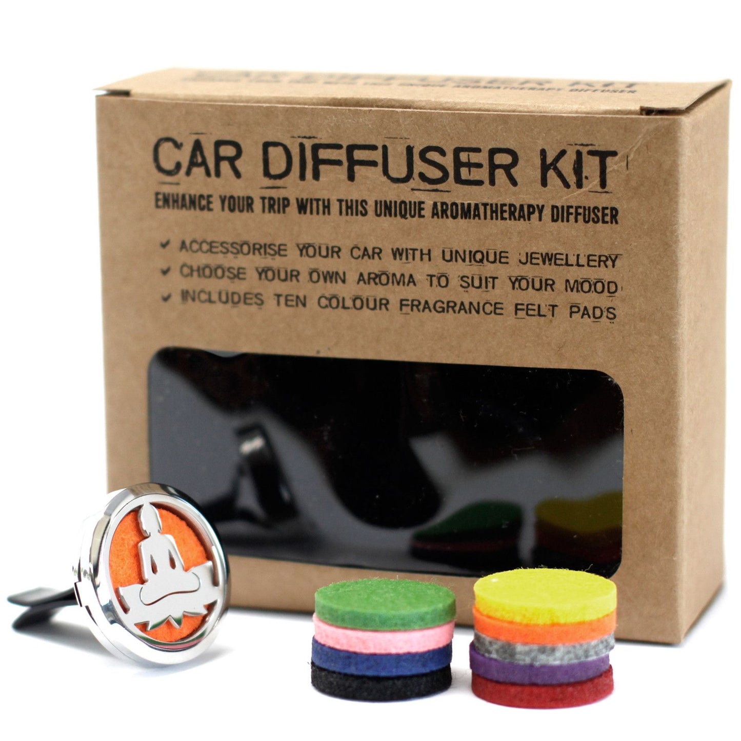 Lotus Buddha Auto-Duftset – 10 wiederverwendbare Filzpads aus Edelstahl