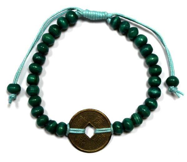 Feng-Shui Armband aus Albecia-Holz & Glücksmünzen in Grün