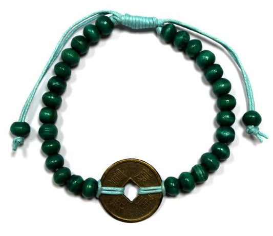 Feng-Shui Armband aus Albecia-Holz & Glücksmünzen in Grün
