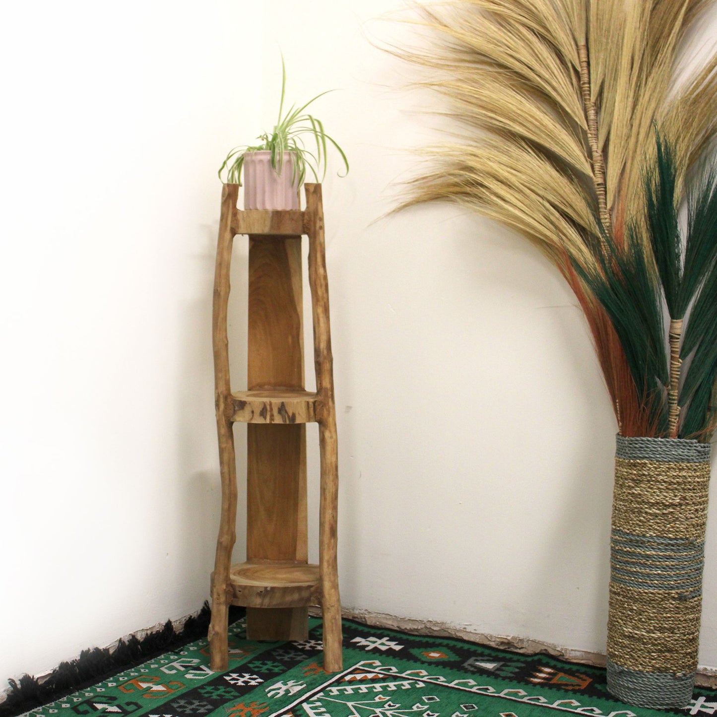 Massivholz Eckregal aus Teak mit 3 Böden, 90 cm hoch
