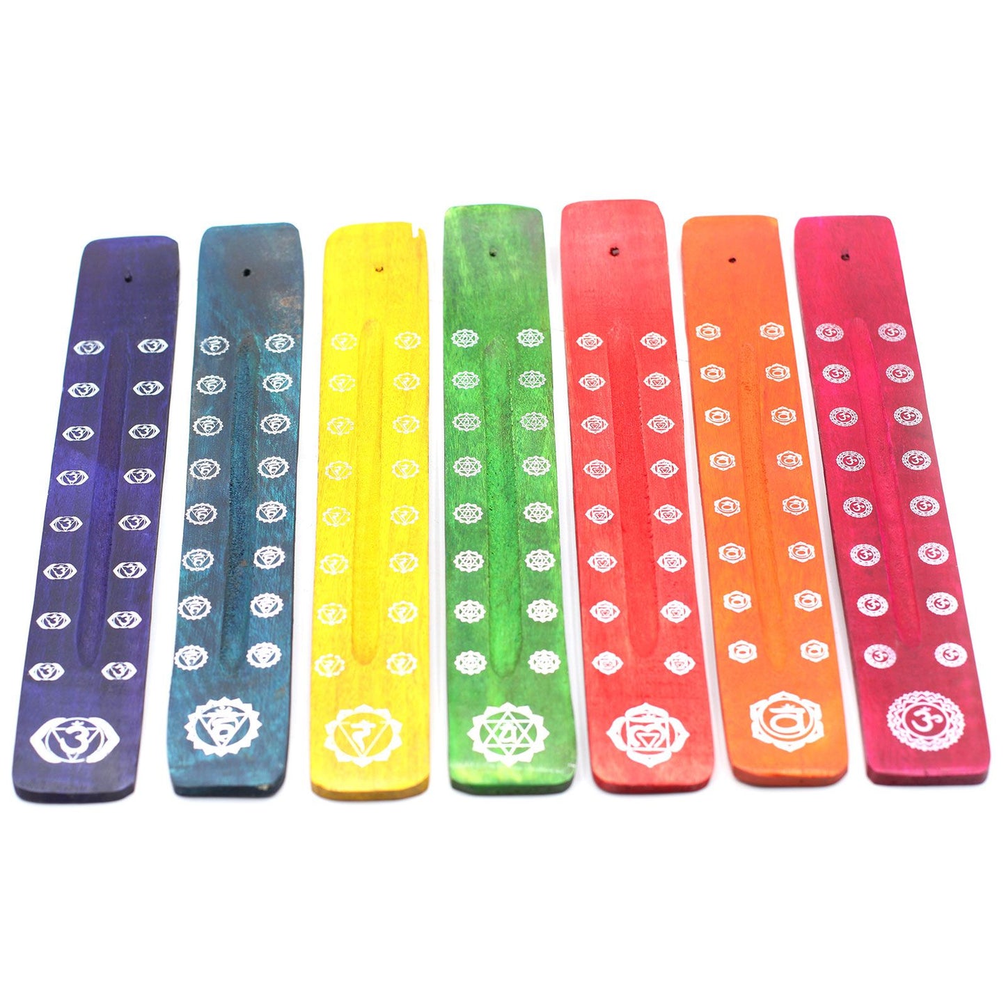 Set mit 7 Räucherhaltern aus Mangoholz – Chakra Designs für Aroma & Meditation