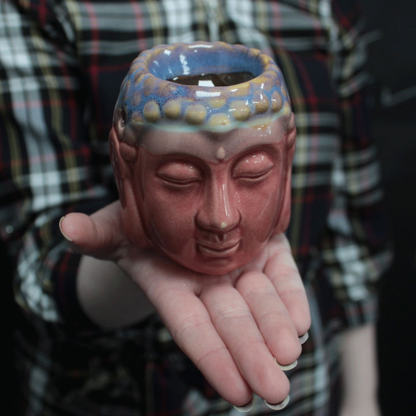 Keramik-Duftlampe Buddha - in Rosé & Petrol