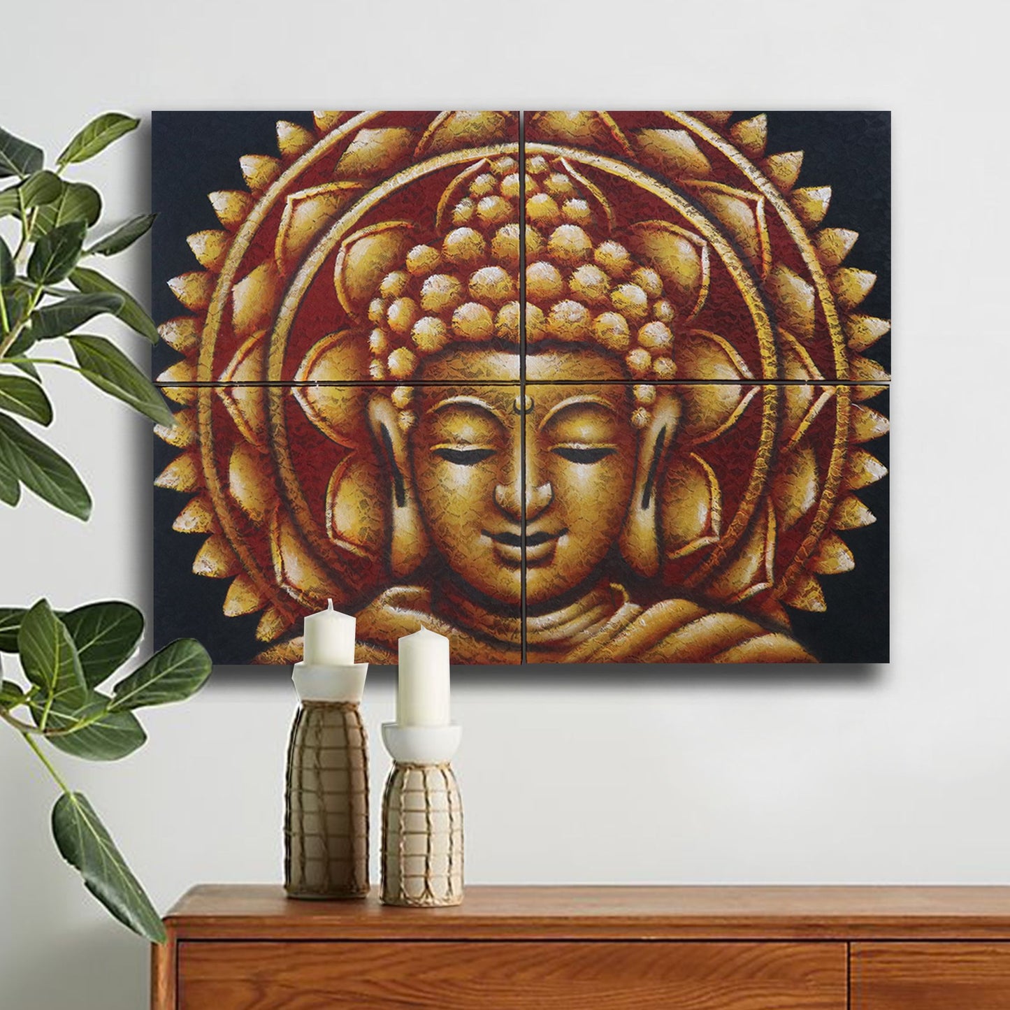 Set aus 4 handgemalten Buddha Mandala Leinwandbildern mit Gold & Brokat