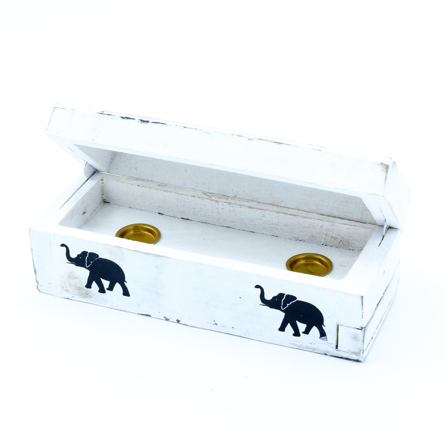 Handgeschnitzte Räucherbox aus Mangoholz mit weißer Patina - 15 cm